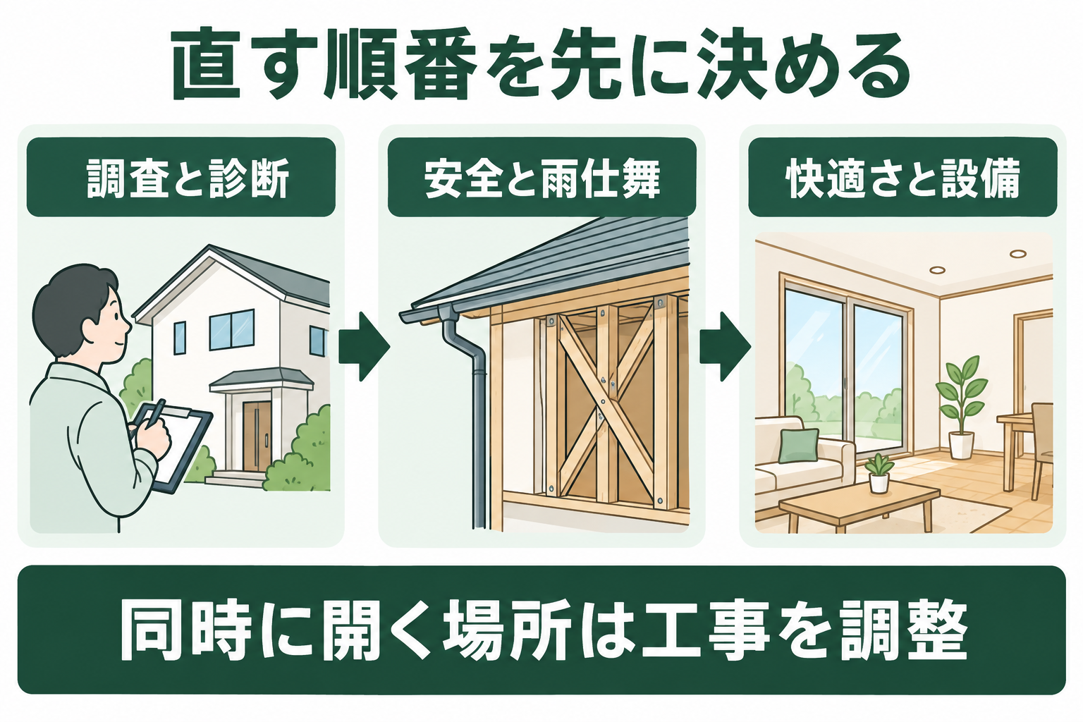 調査と診断、安全と雨仕舞、快適さと設備の順に検討する図