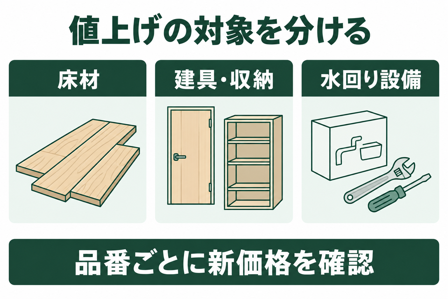 永大産業の価格改定対象を床材、建具と収納、水回り設備に分けて確認する図