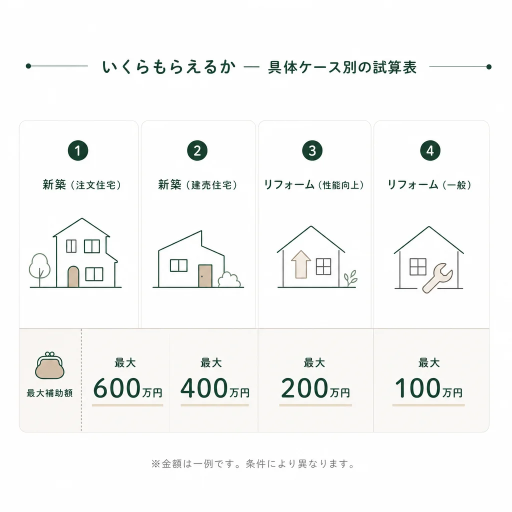 いくらもらえるか — 具体ケース別の試算表