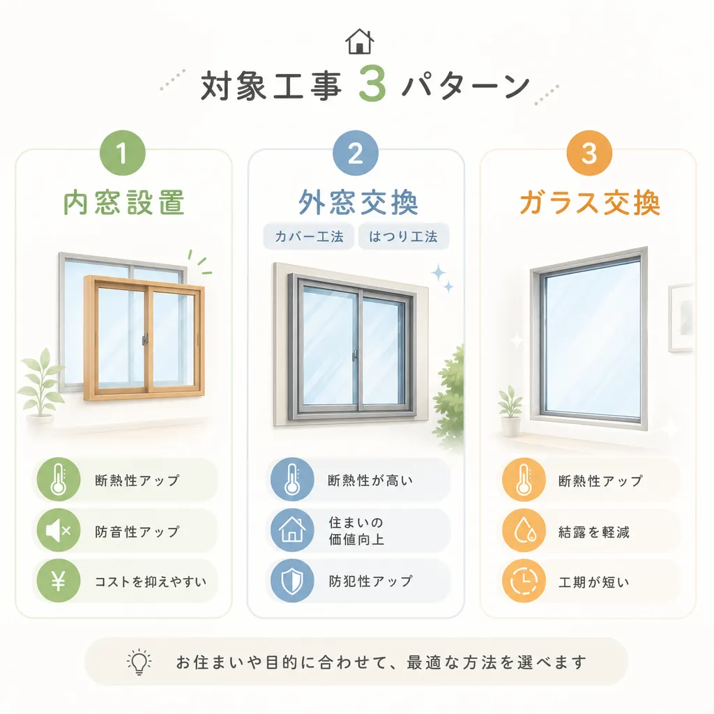 対象工事3パターン（内窓・外窓・ガラス交換）