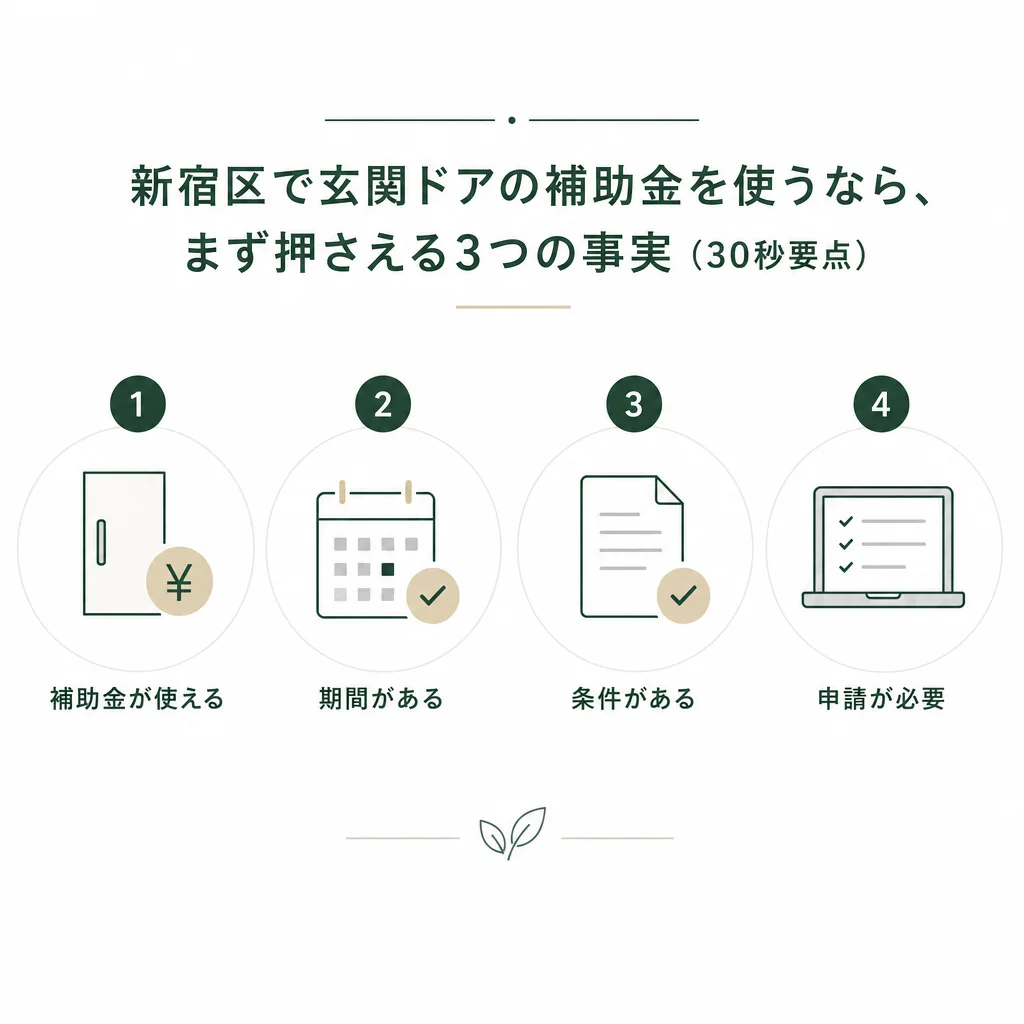 新宿区で玄関ドアの補助金を使うなら、まず押さえる3つの事実（30秒要点）