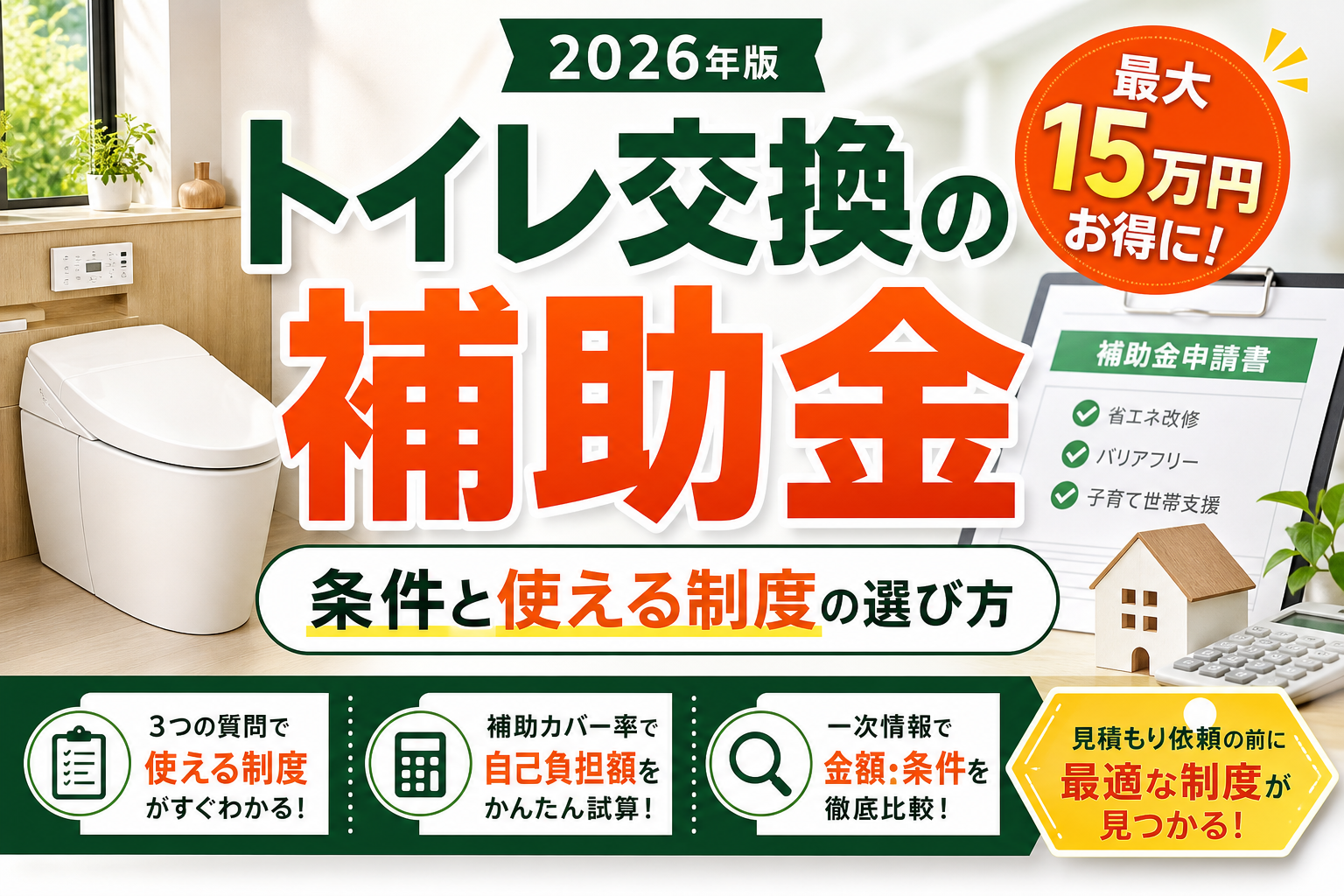 トイレ交換の補助金2026｜条件と使える制度の選び方 | リフォーム補助 