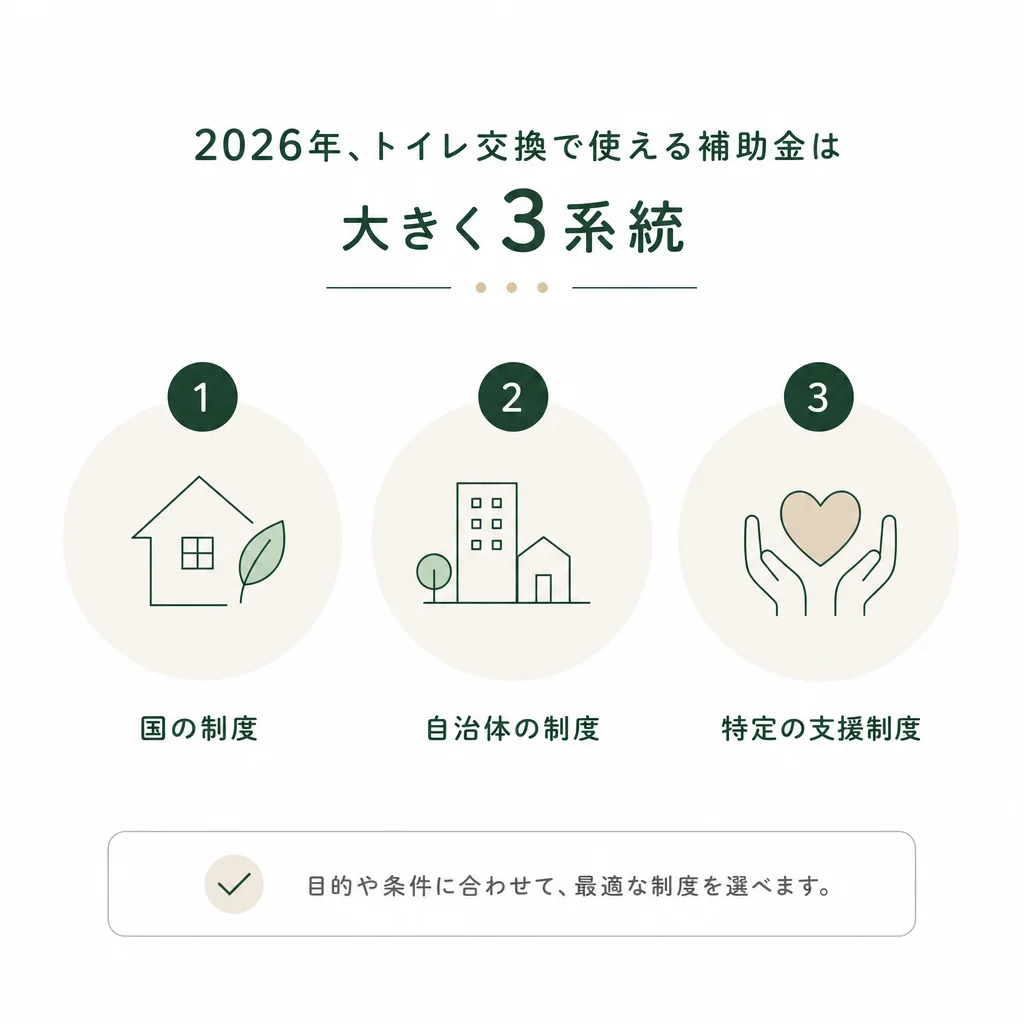 2026年、トイレ交換で使える補助金は大きく3系統