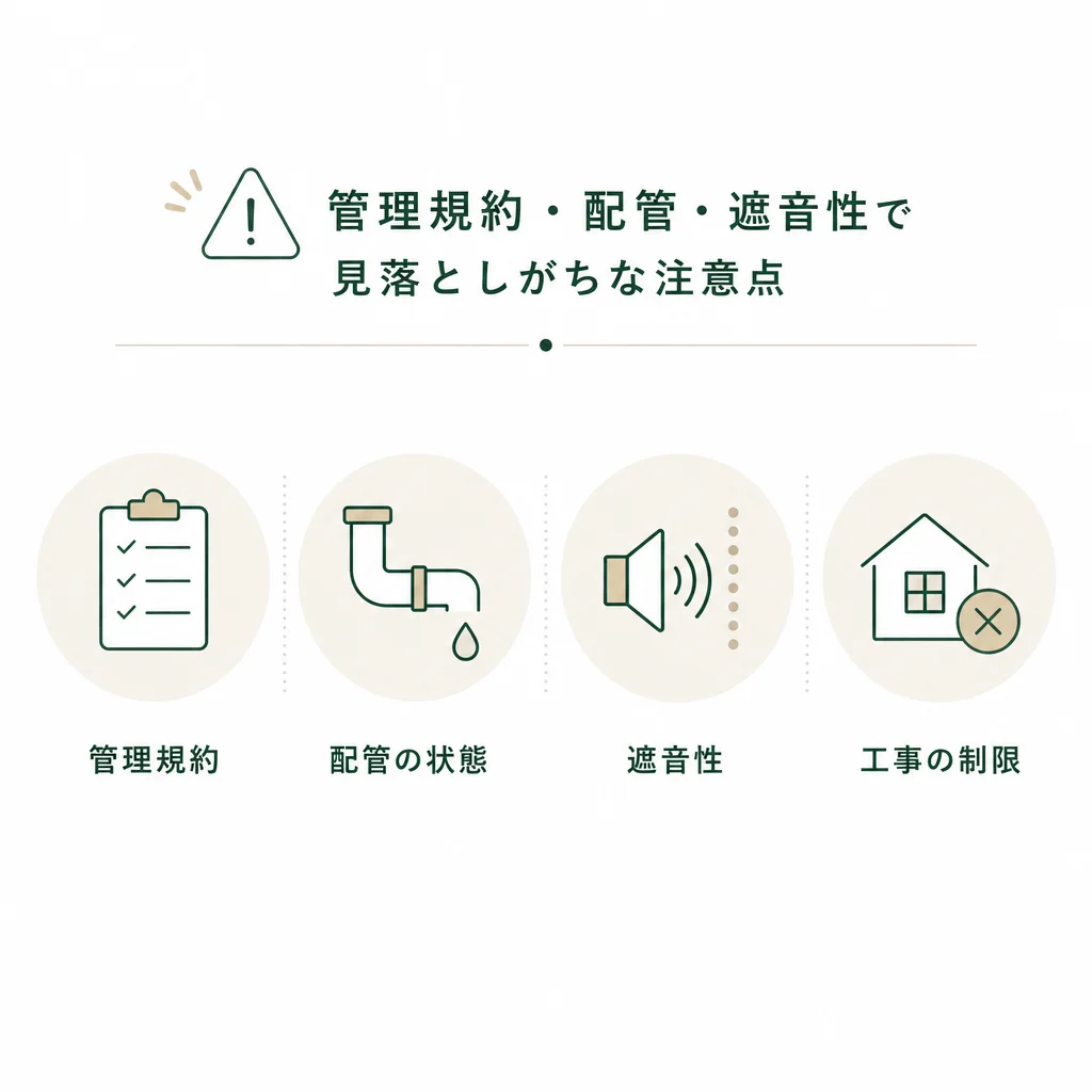 管理規約・配管・遮音性で見落としがちな注意点のイメージ図