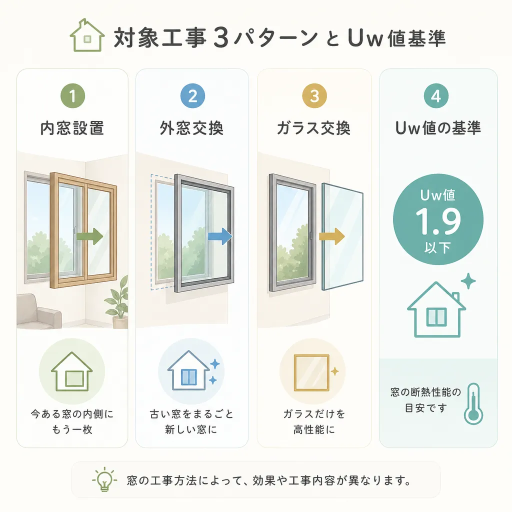 窓リフォーム補助金 対象工事3パターン（内窓/外窓/ガラス交換）